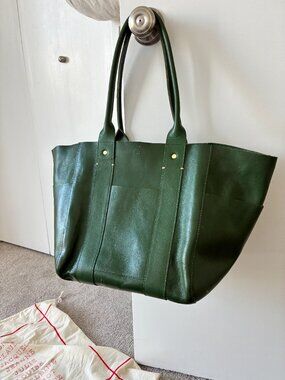 Clare V Green Leather Box Tote Structured Top Handle Bag